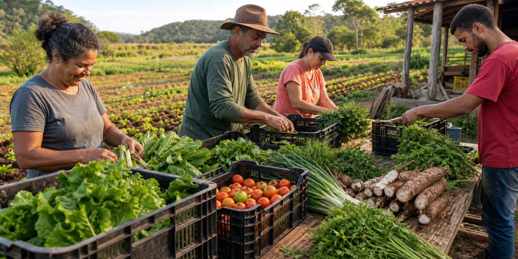 Equipe registra conversa com agricultores familiares em mesa comunitaria