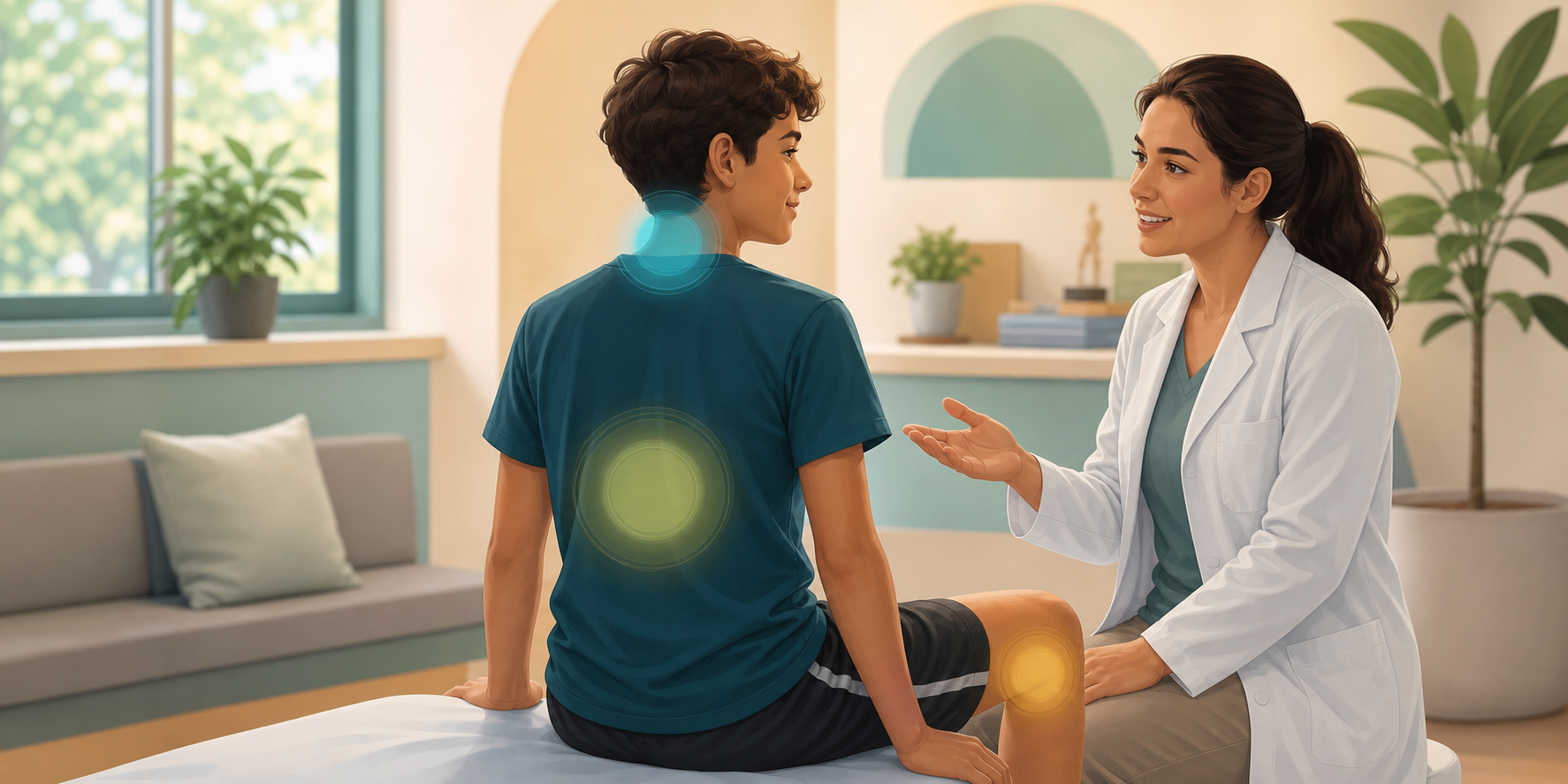Ilustração destaca pescoço, costas e perna como áreas de dor musculoesquelética em adolescente