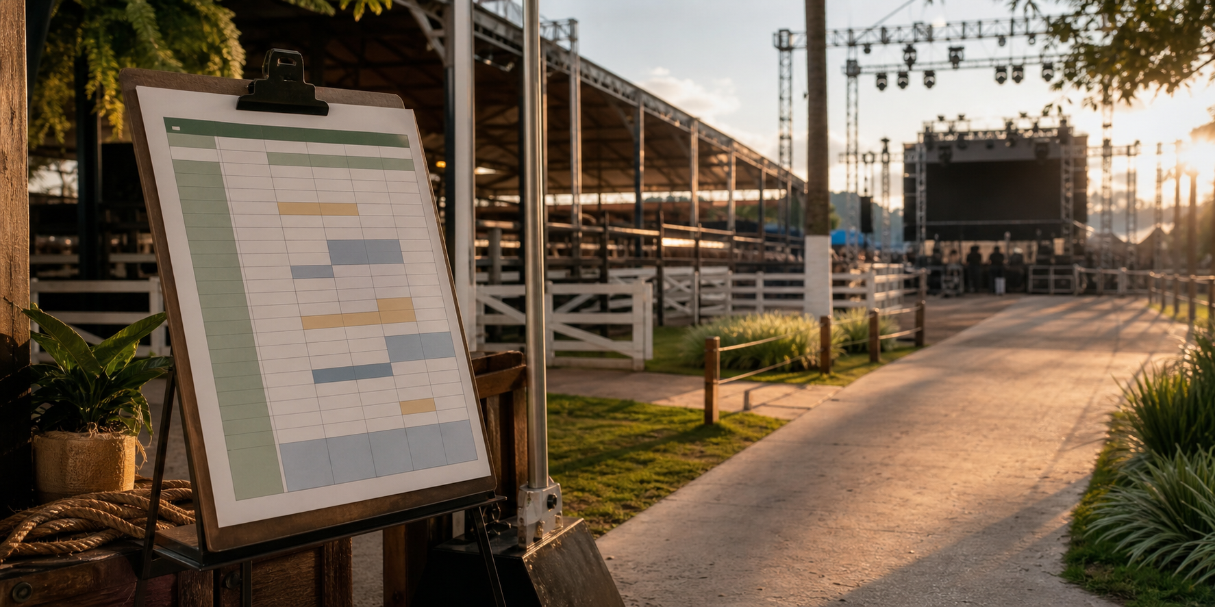 Quadro de programação e estrutura de evento ilustram a agenda da EMAPA 2026