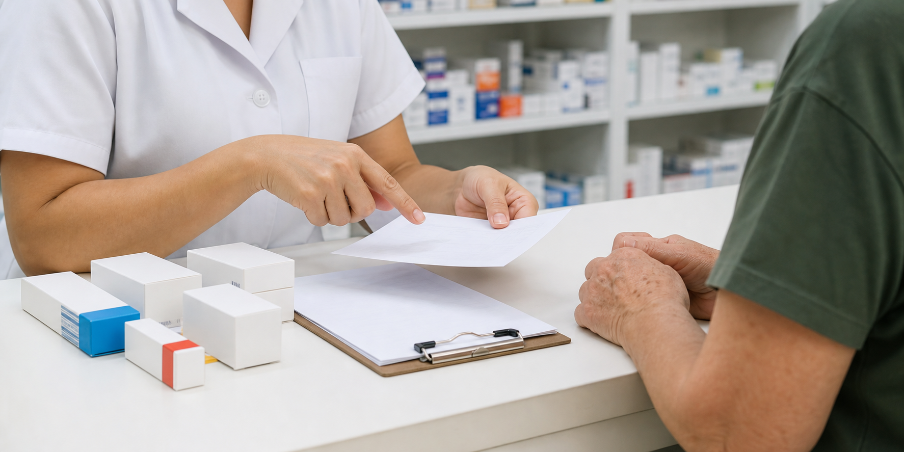 Receita e caixas neutras de medicamentos durante orientação sobre Farmácia Popular em Avaré
