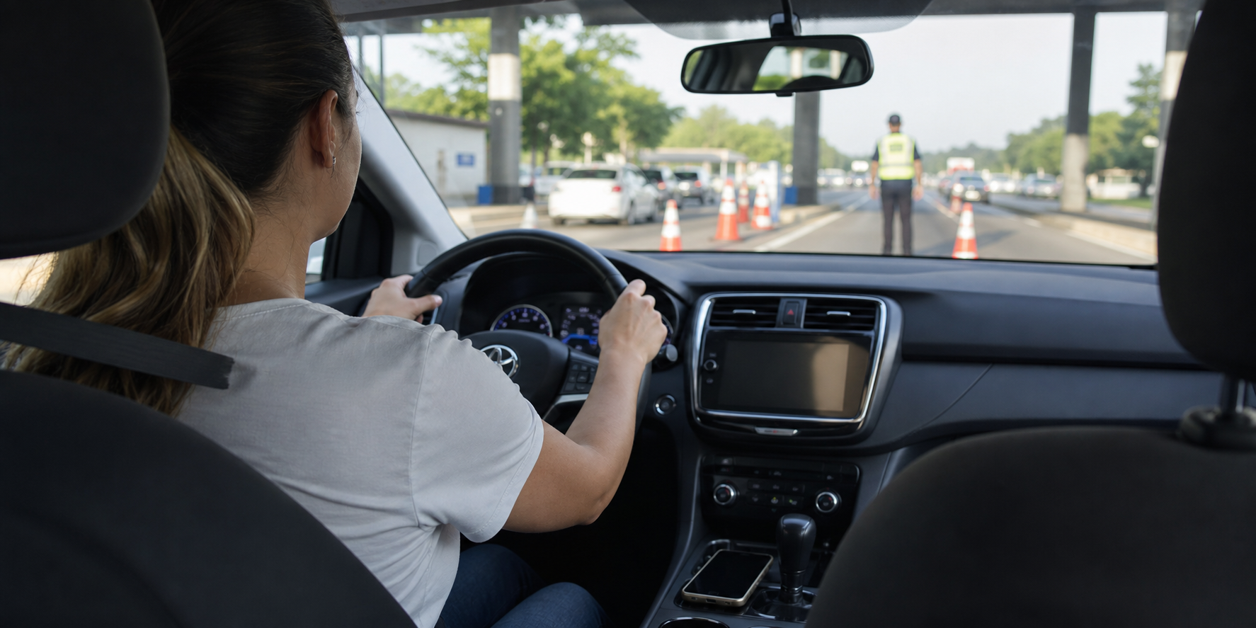 Motorista com cinto afivelado passa por ponto de fiscalização em rodovia paulista