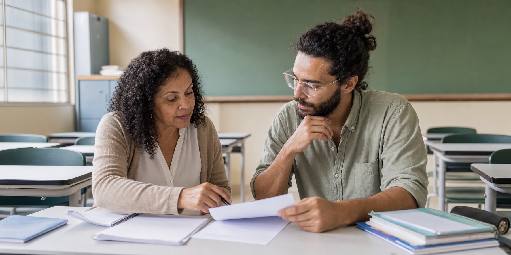 Professora regente orienta futuro docente no planejamento de atividades de estágio escolar