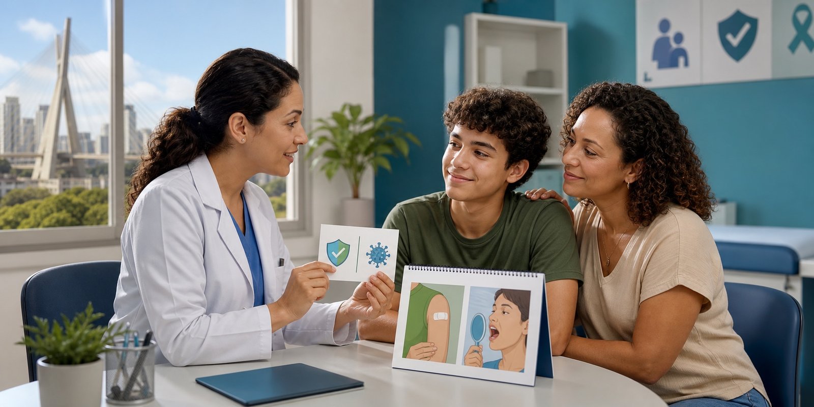 Profissional de saúde orienta família sobre vacinação contra HPV e atenção à saúde da boca