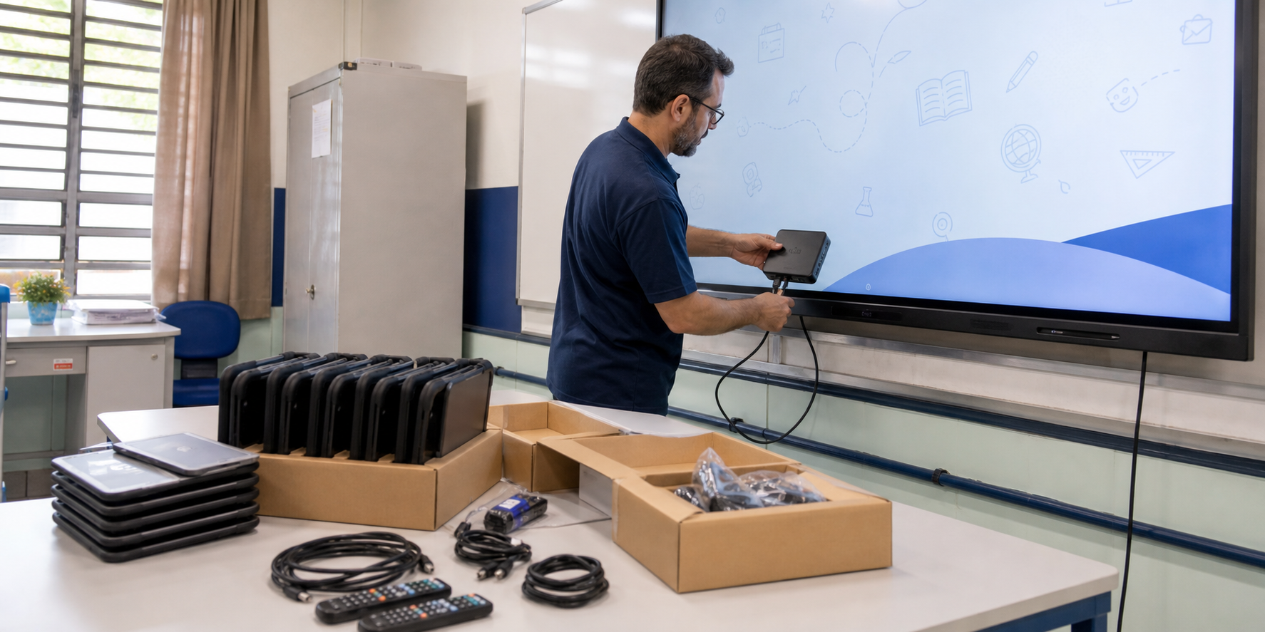 Professor conecta equipamento a tela interativa em sala de aula estadual