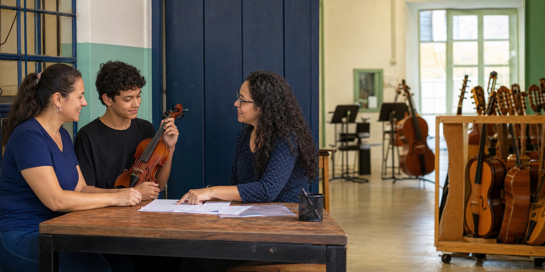Família recebe orientação para matrícula gratuita no Programa Guri e conhece um violino