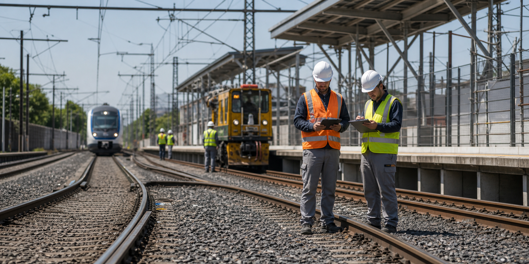 Trilhos e trabalhadores de manutenção em estação ferroviária modernizada de São Paulo