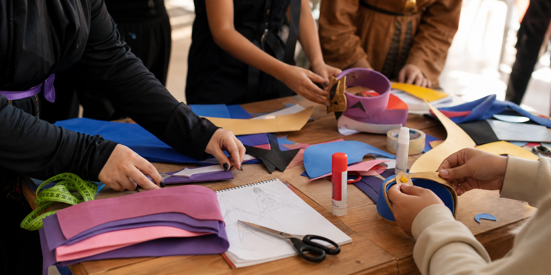 Materiais coloridos para criação de acessórios em oficina de cosplay