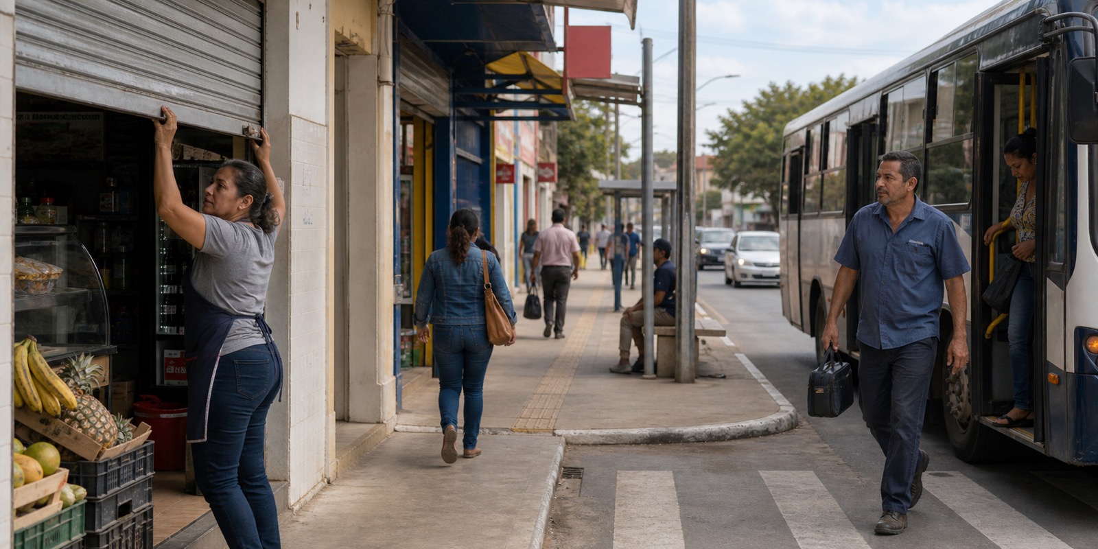 Trabalhador desce de ônibus perto de pequenos comércios em cena sobre passe livre.
