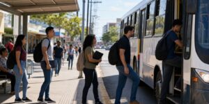 Trabalhadores embarcam em ônibus em cena sobre passe livre e acesso a vagas de emprego.