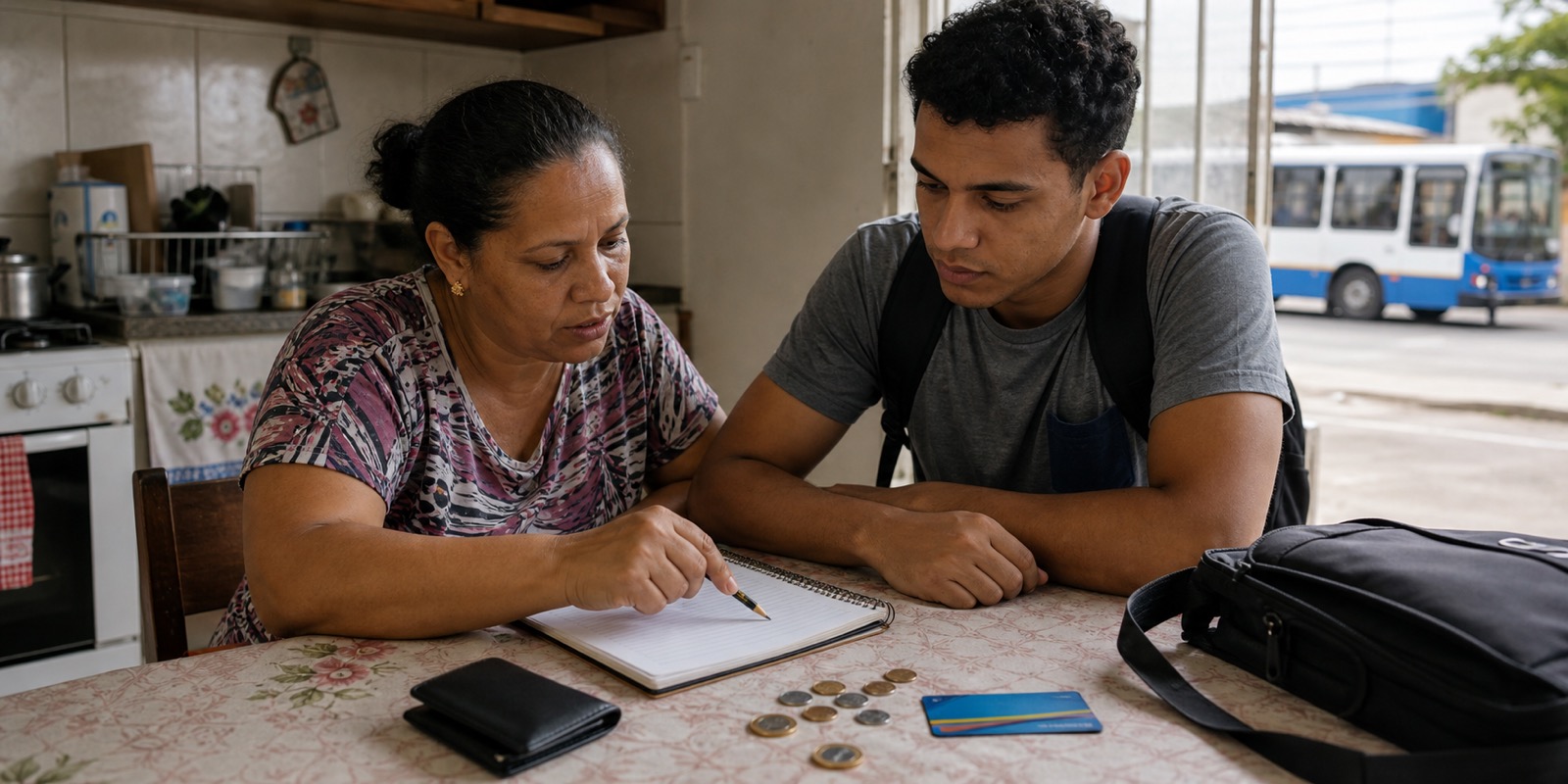 Família organiza moedas e cartão de transporte antes de sair para buscar trabalho.