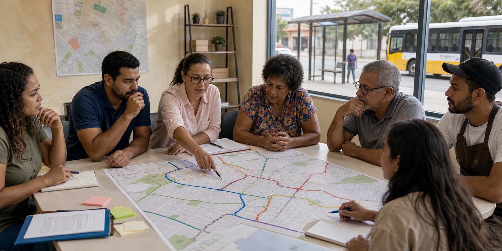 Moradores analisam mapa de rotas de ônibus para ligar bairros a vagas de trabalho.