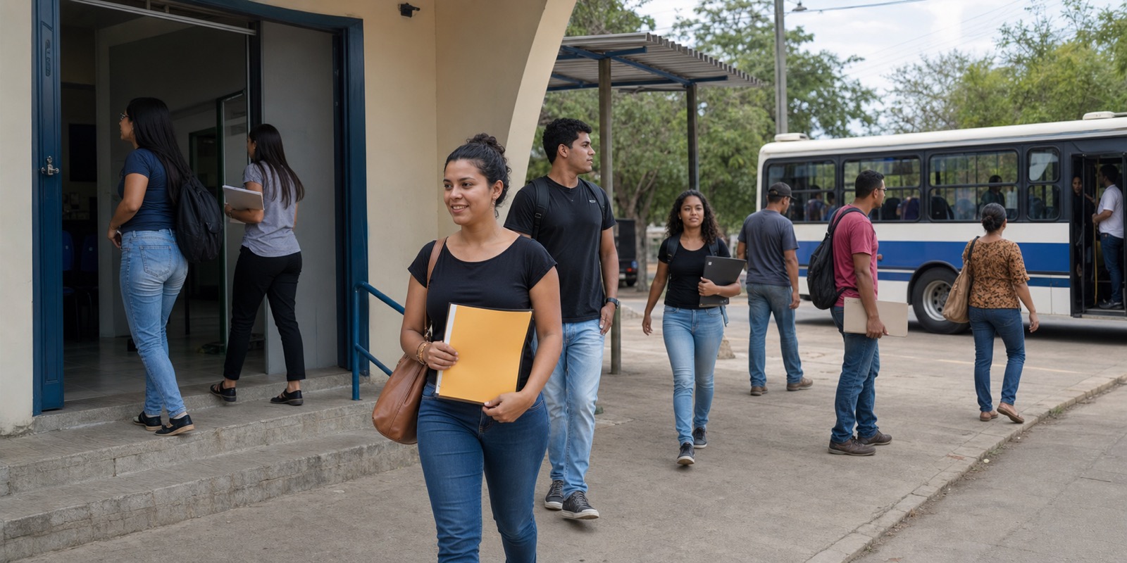 Jovens chegam de ônibus para curso e entrevista em cena sobre passe livre e vagas.