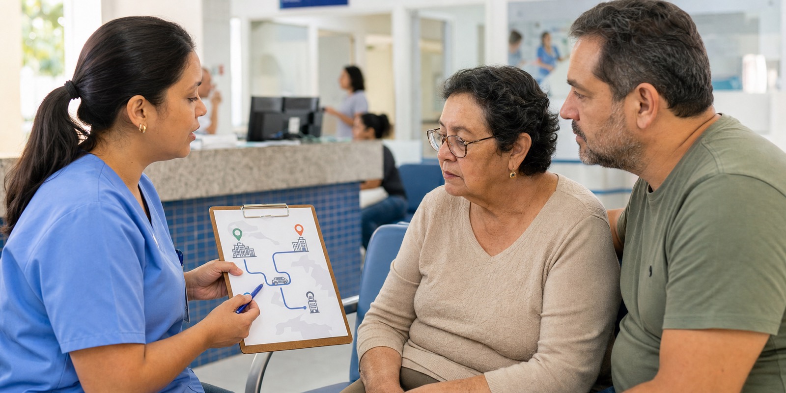 Profissional orienta família sobre acesso regional a serviços de saúde ligados ao Polo Hospitalar.