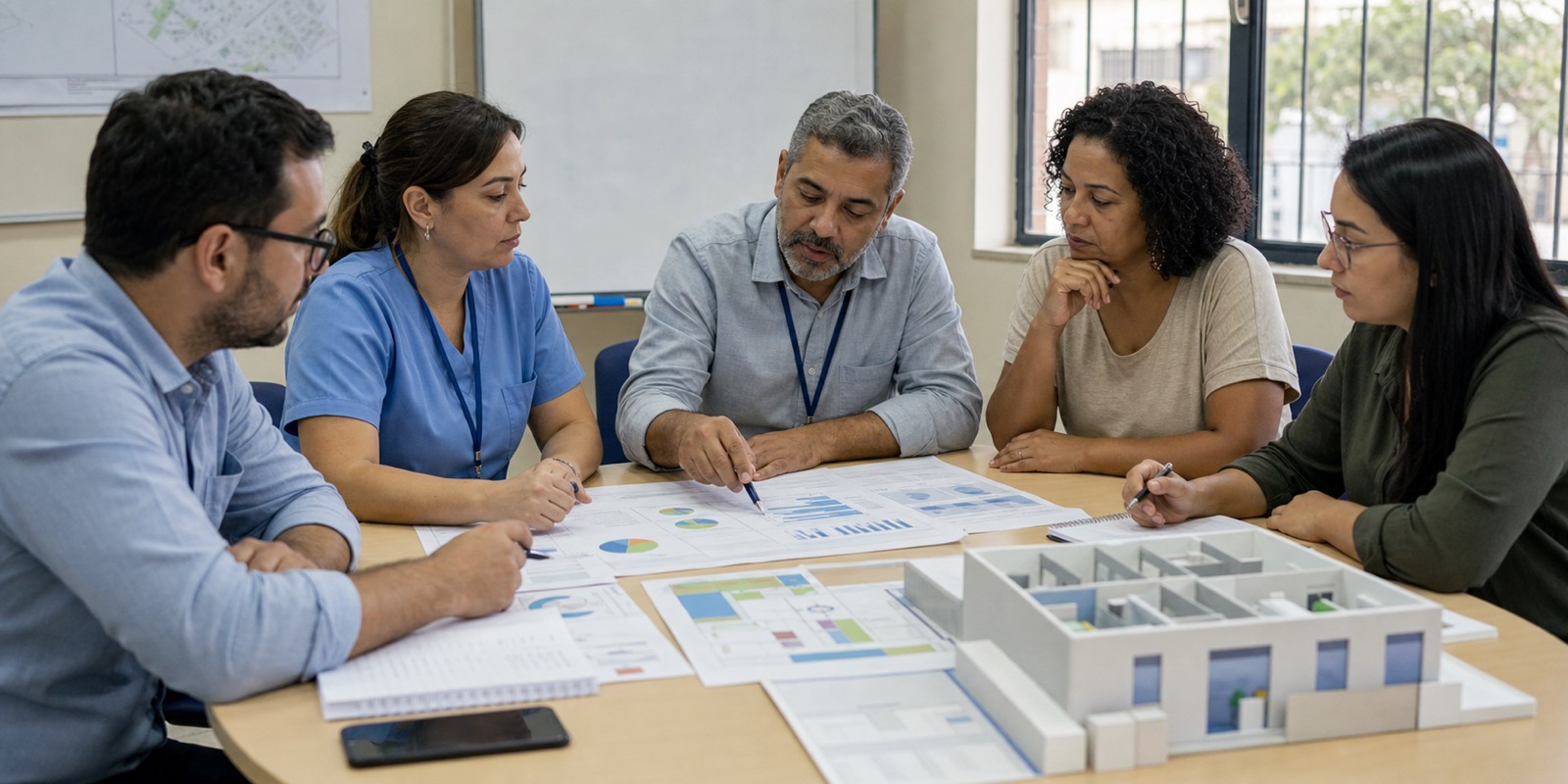 Equipe técnica e representantes da comunidade analisam dados para planejar o Polo Hospitalar com responsabilidade regional.