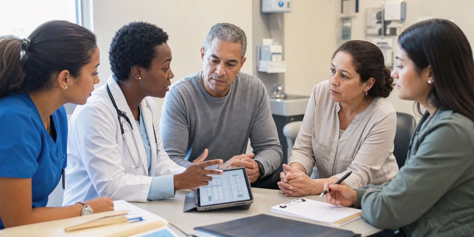 Equipe multiprofissional conversa com família sobre rede do SUS integrada ao Polo Hospitalar.