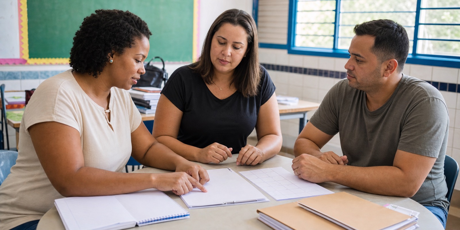 Professora e responsáveis organizam pauta clara para uma reunião de pais na escola.
