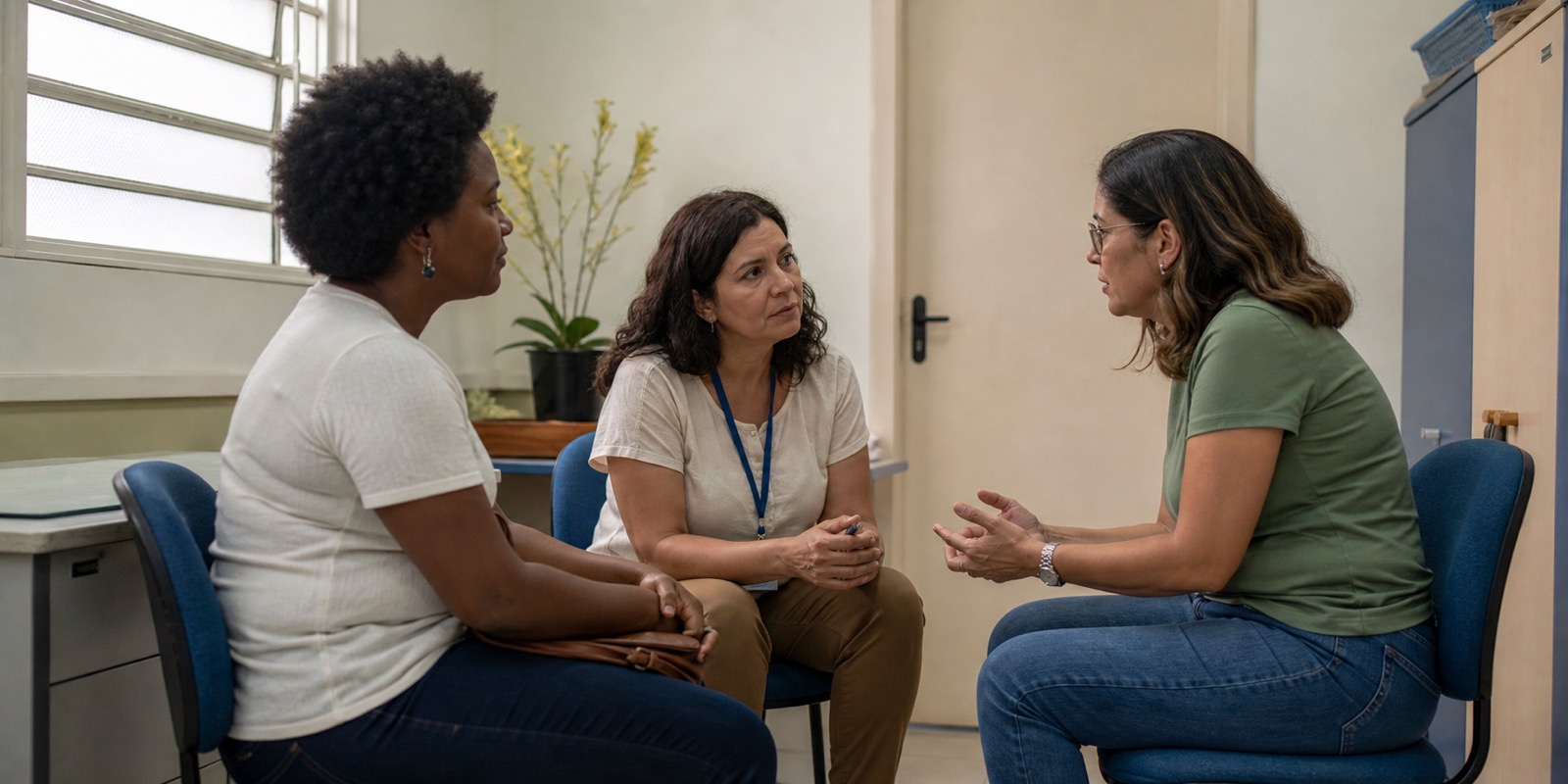 Responsável, professora e coordenação conversam em ambiente reservado sobre reunião de pais e privacidade dos alunos.