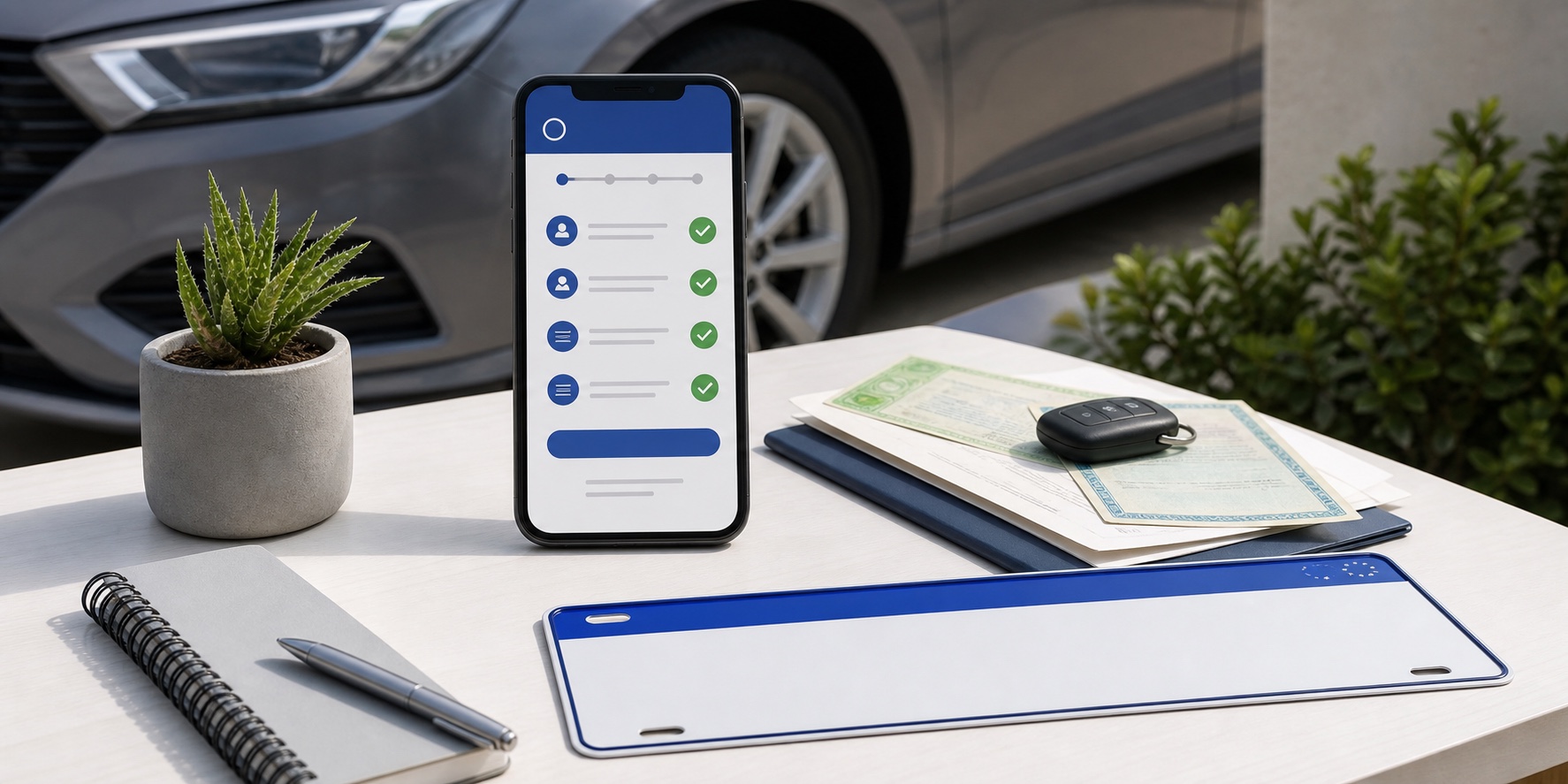 Celular com etapas digitais ao lado de placa sem identificação e documentos do veículo