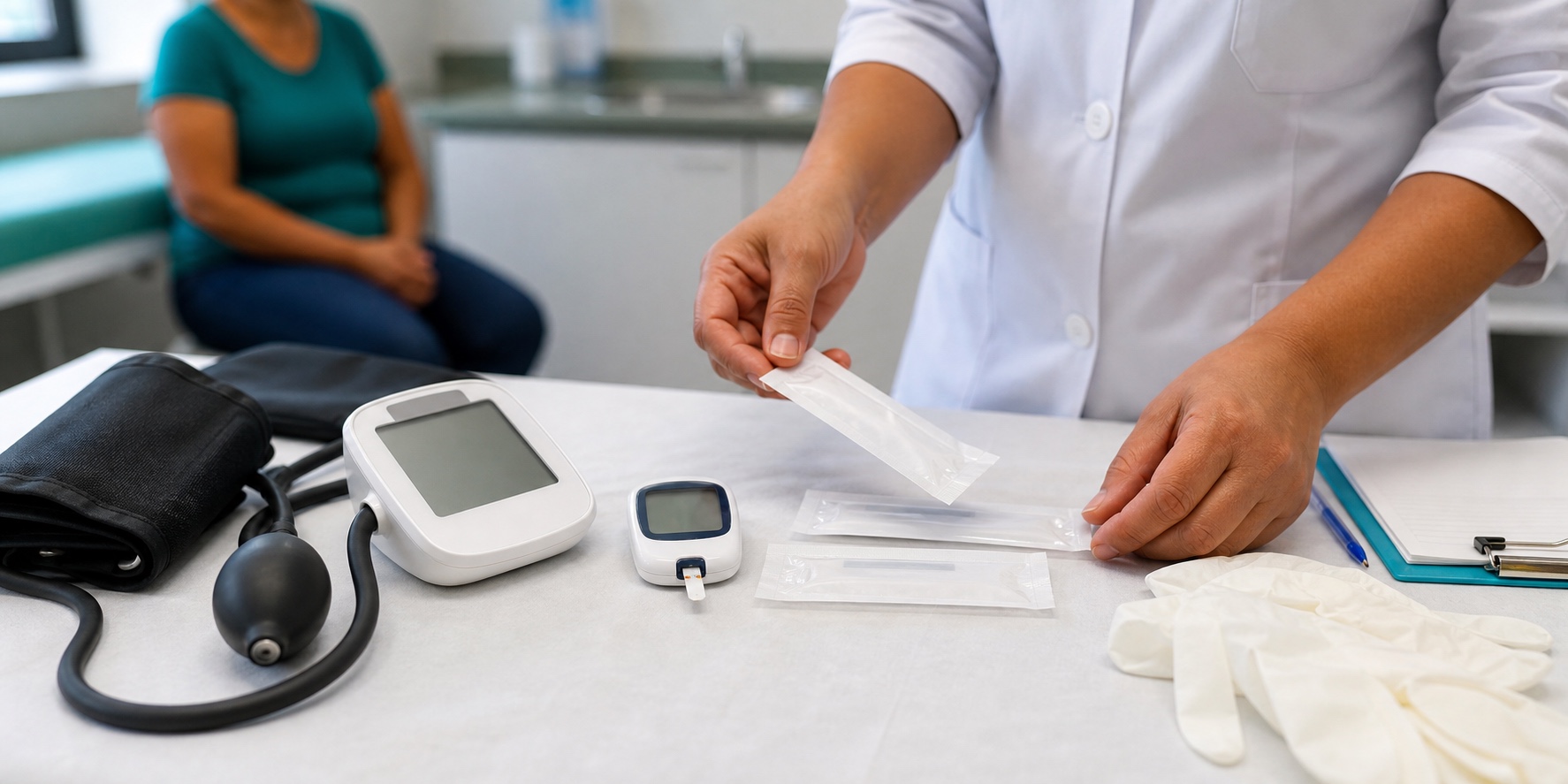 Materiais de testes preventivos, glicemia e pressão arterial em unidade de saúde de Avaré