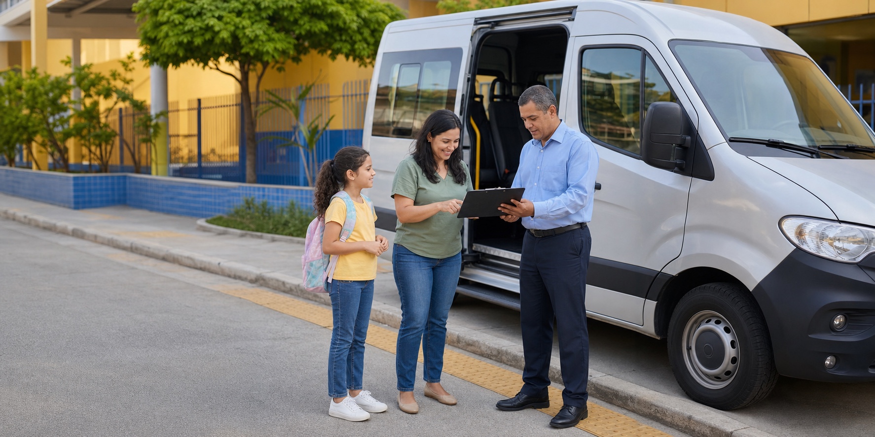 Responsável verifica informações de segurança com motorista de transporte escolar em São Paulo