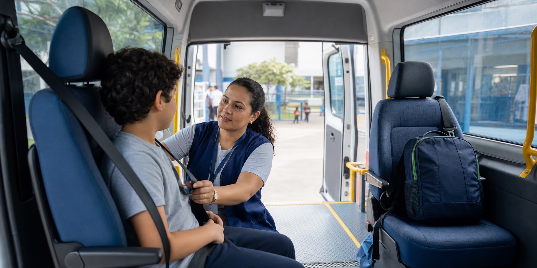 Monitora verifica o cinto no transporte escolar de alunos com TEA