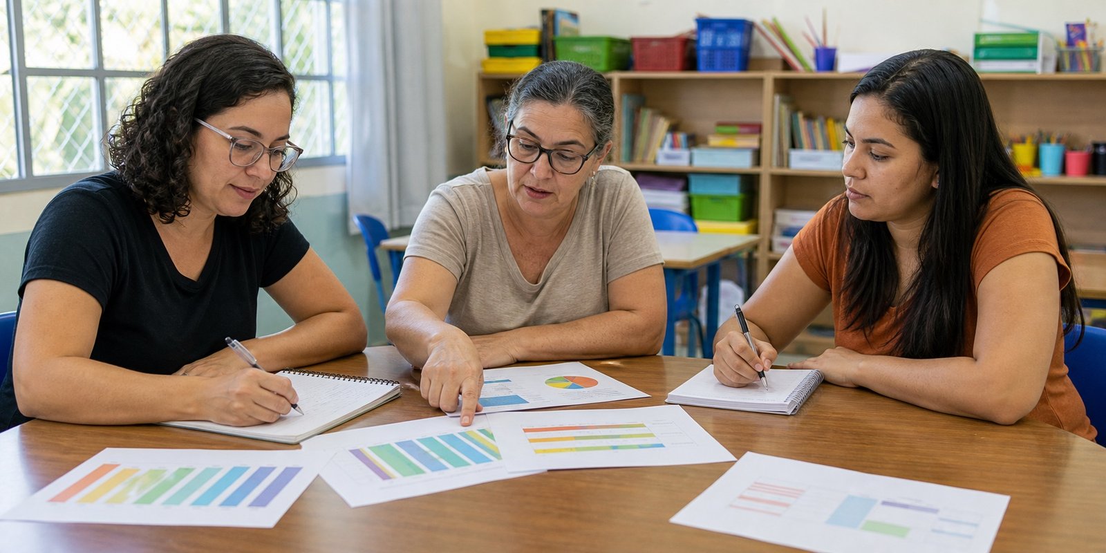 Educadoras analisam resultados da avaliação municipal de aprendizagem para planejar intervenções pedagógicas