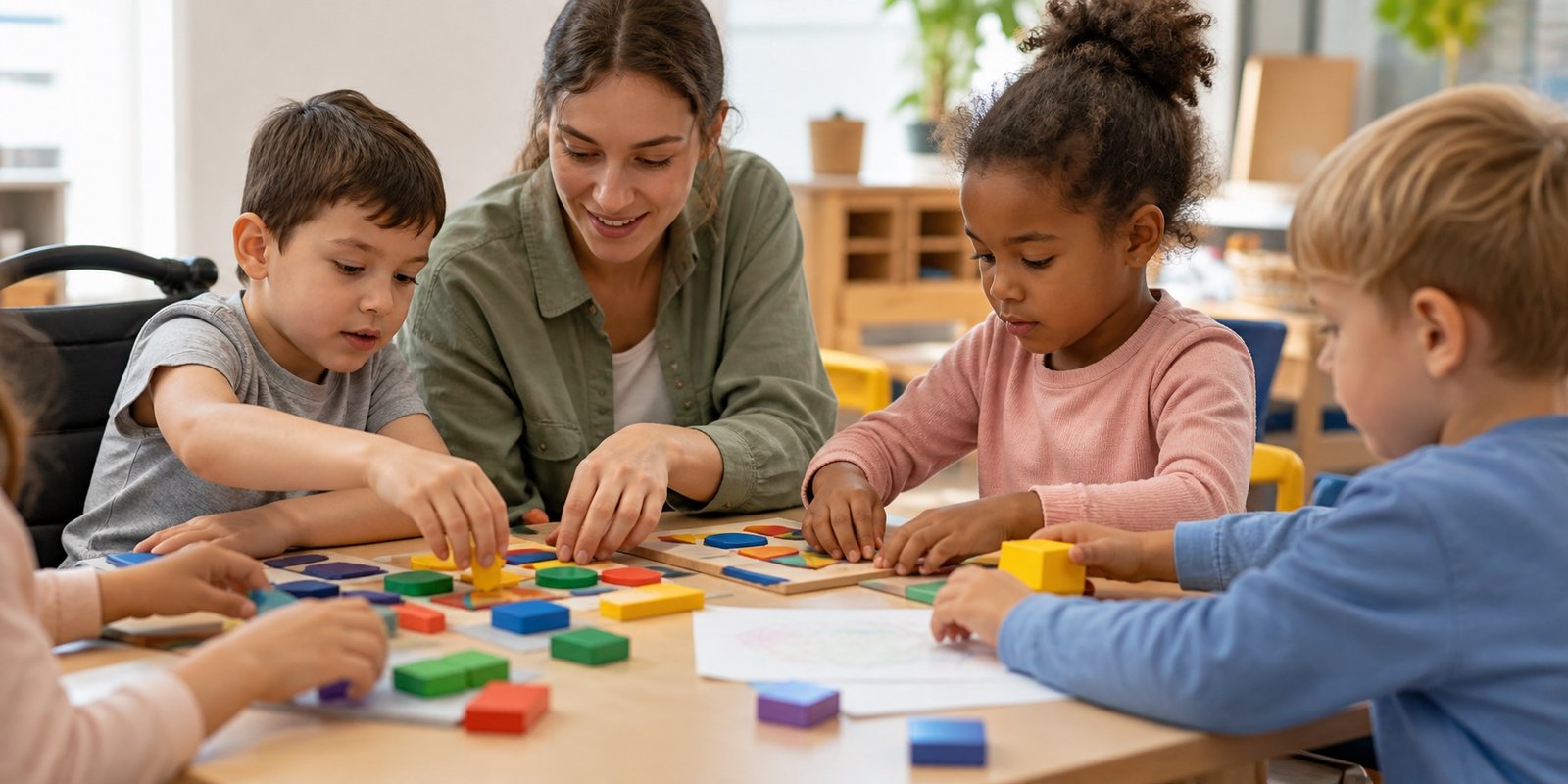 Educadora orienta crianças em atividade recreativa inclusiva