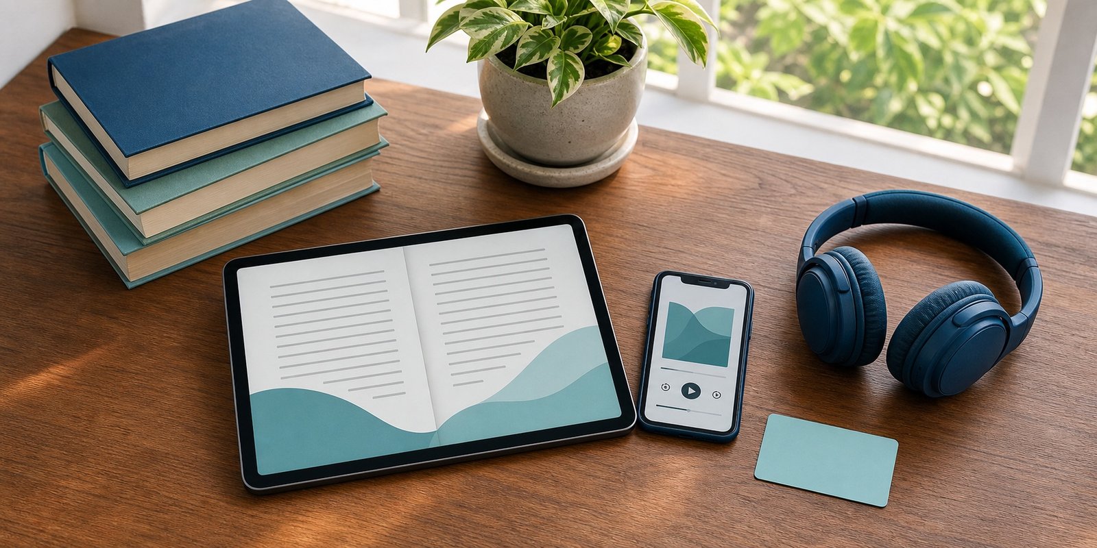 Tablet, celular e fones representam livros digitais e audiolivros gratuitos