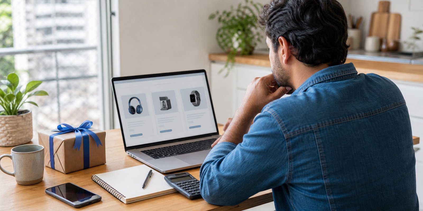 Consumidor compara ofertas online para o Dia dos Pais usando notebook, celular e calculadora