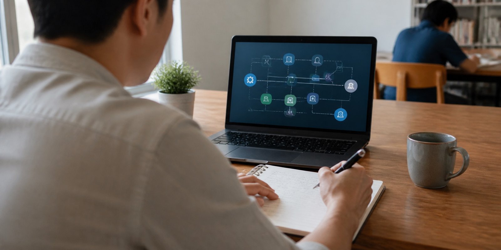 Aluno faz anotações durante curso online de inteligência artificial