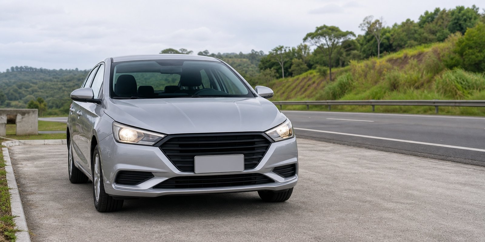 Carro com farol baixo aceso em área segura ao lado de uma rodovia