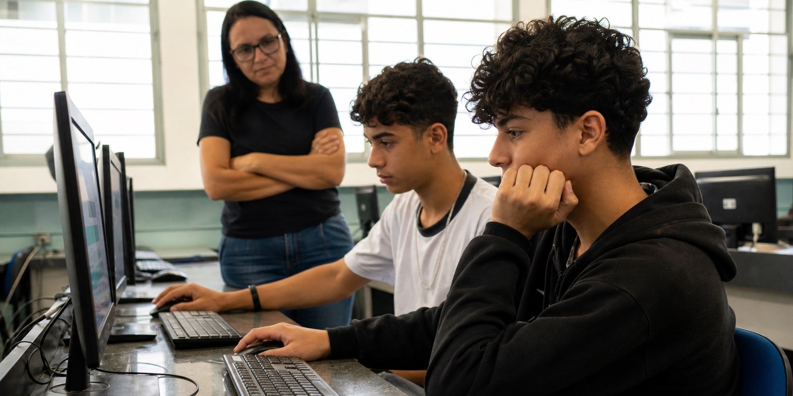 Alunos resolvem questões de interpretação de texto em computadores da escola