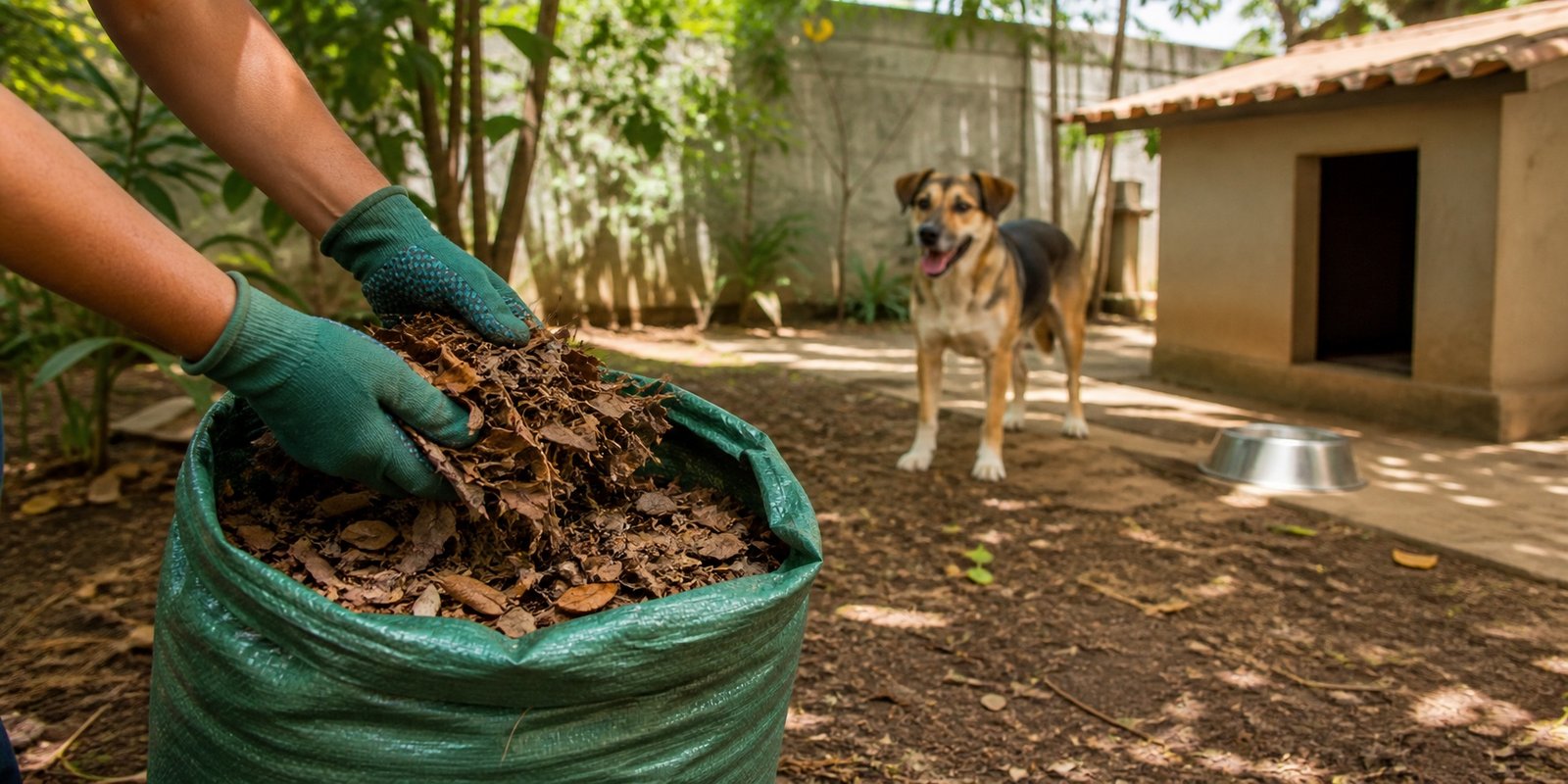 Limpeza de folhas e matéria orgânica em quintal com cão ao fundo