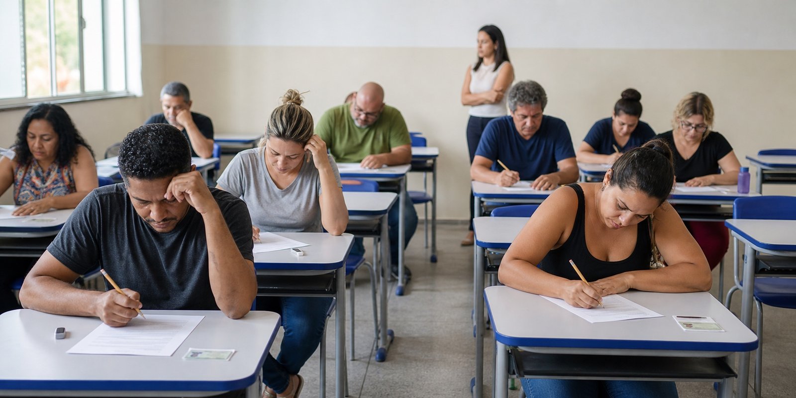 Educadores realizam prova do processo seletivo de professores em sala de aula