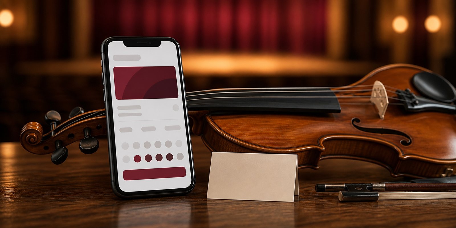 Celular ao lado de violino representa reserva para concerto gratuito em Avaré