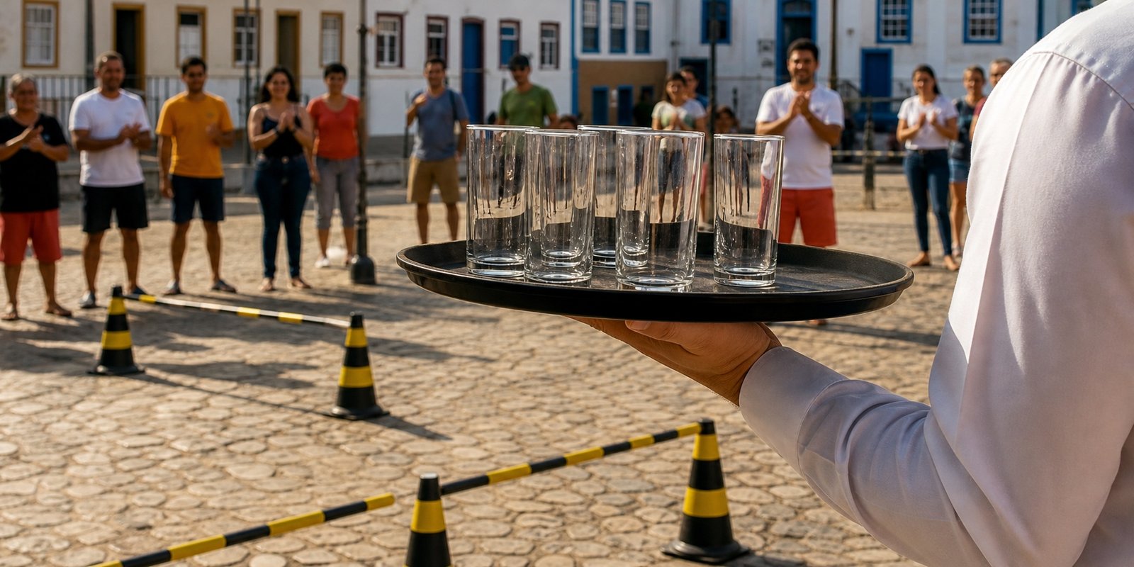Bandeja com copos representa o desafio de equilíbrio do Garçom Cross em Avaré