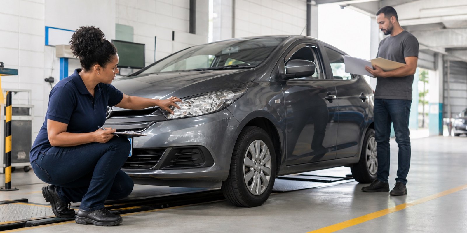 Inspetora verifica carro na vistoria de veículo modificado em São Paulo