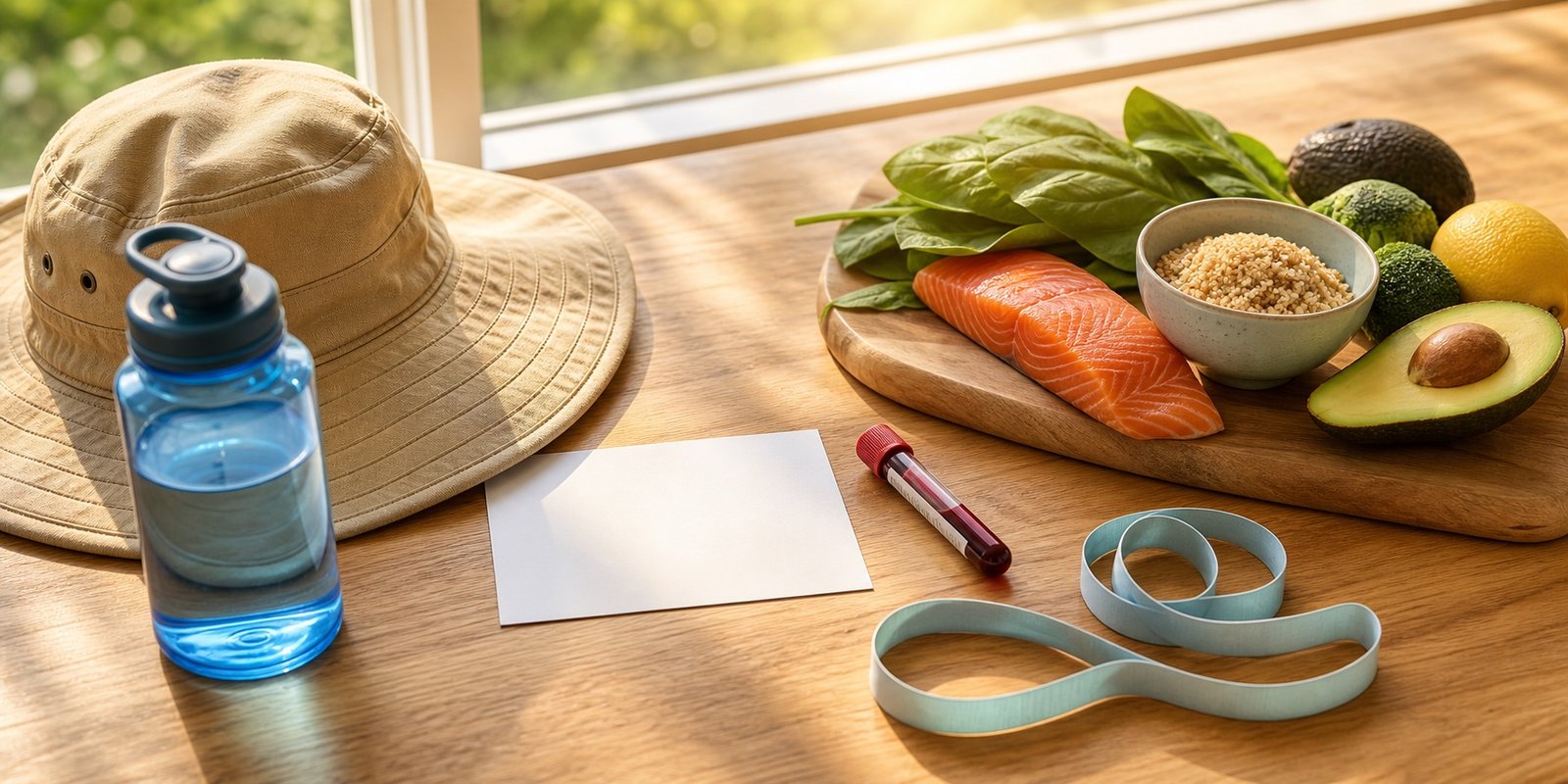 Alimentos, água, proteção solar e itens de avaliação representam cuidados com a vitamina D e a saúde