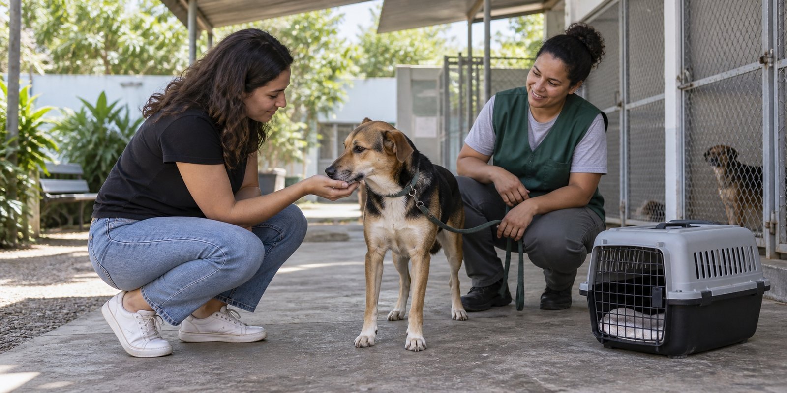 Pessoa conhece um cão com acompanhamento de profissional do canil