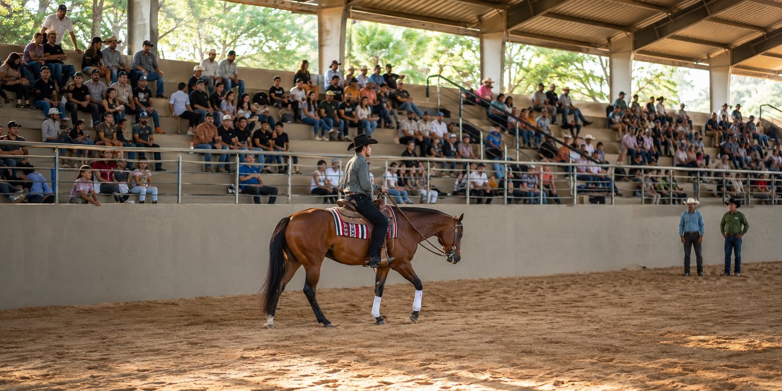 Público acompanha competidor e cavalo em arena de rédeas em Avaré