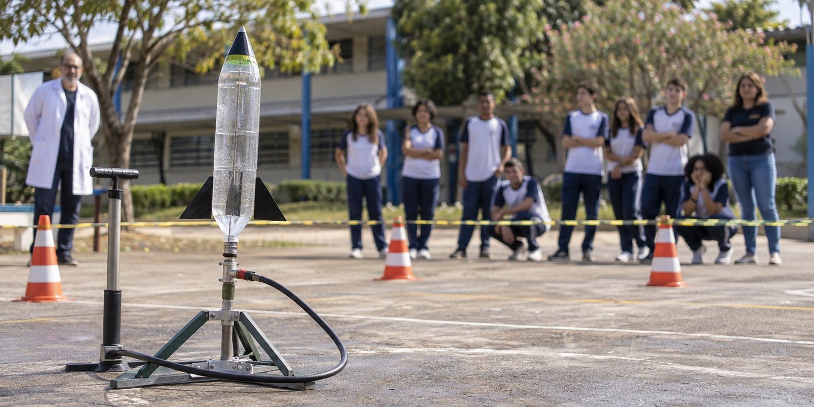 Foguete experimental de garrafa PET preparado com segurança em pátio escolar
