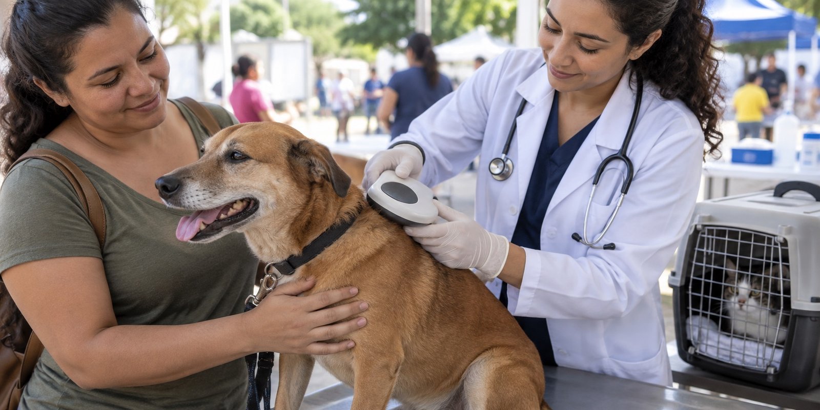Profissional verifica o microchip de um cão durante atendimento veterinário gratuito