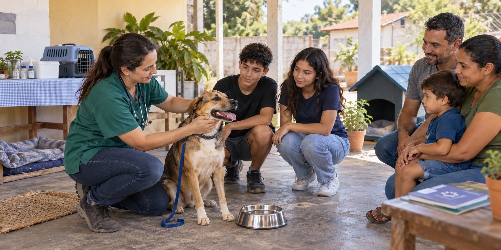 Profissional orienta jovens e família sobre cuidados responsáveis com um cachorro
